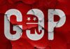 GOP letters with elephant on cracked red background