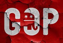 GOP letters with elephant on cracked red background