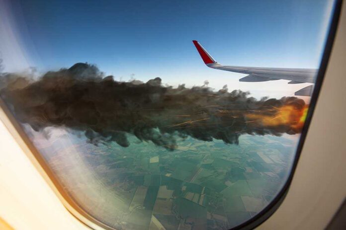 456112087 featured image Airplane wing with engine on fire mid-flight.