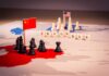 Chess pieces with USA and China flags map