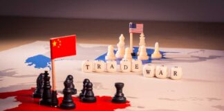 Chess pieces with USA and China flags map
