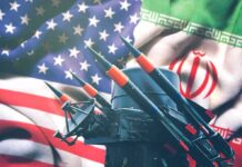 Missiles in front of American and Iranian flags