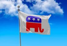 Gray flag with a red elephant symbol