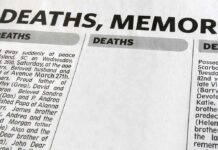 Newspaper obituary section with death notices