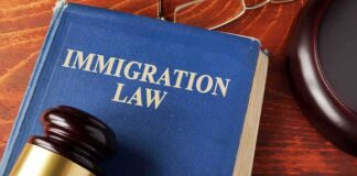 Blue immigration law book with wooden gavel.