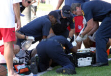 Emergency responders treating a person on the ground