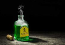Green poison bottle with cork on wooden surface