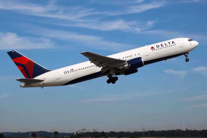Delta airplane taking off from runway
