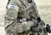 Soldier in camouflage gear with Israeli flag patch