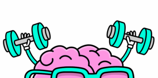 Brain cartoon lifting dumbbells and sweating