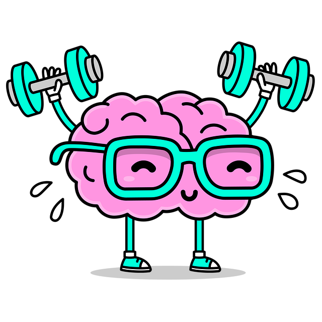 Brain cartoon lifting dumbbells and sweating