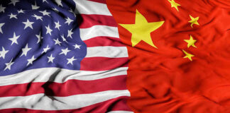 United States flag merged with China flag