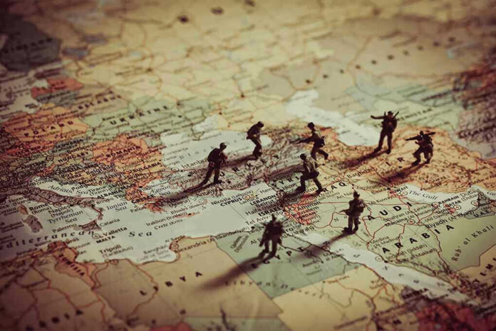 Toy soldiers on a world map background