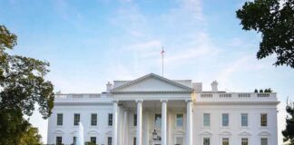 The White House with a fountain and green lawn in front