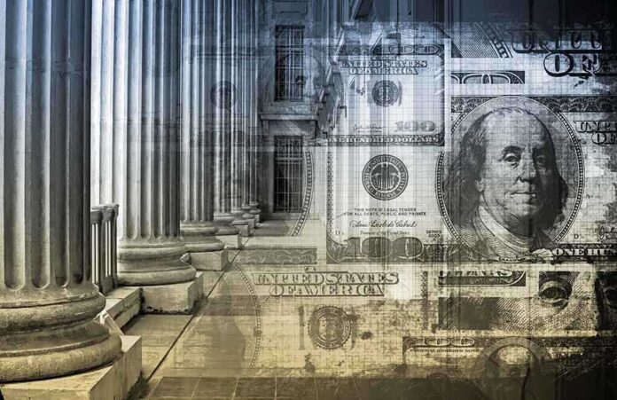 Architectural columns with a background of US currency