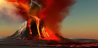 A volcano erupting with lava and lightning in the sky
