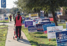 Person walking with stroller past numerous election campaign signs.