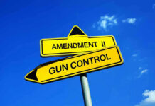 Yellow signs reading Amendment II and Gun Control.