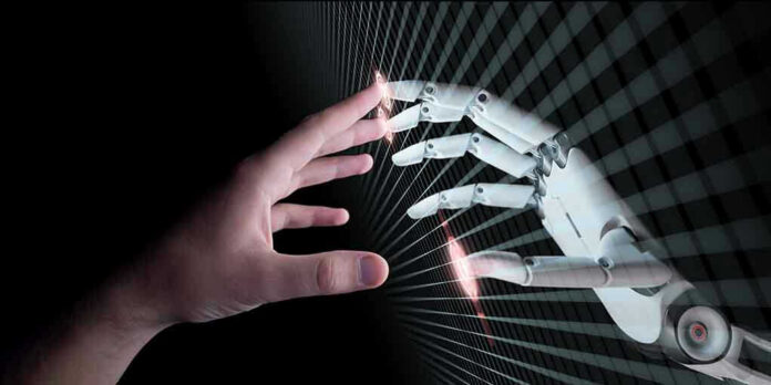 Human and robotic hands almost touching fingers.