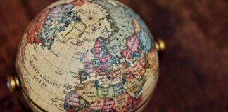 A vintage globe displaying various countries and oceans