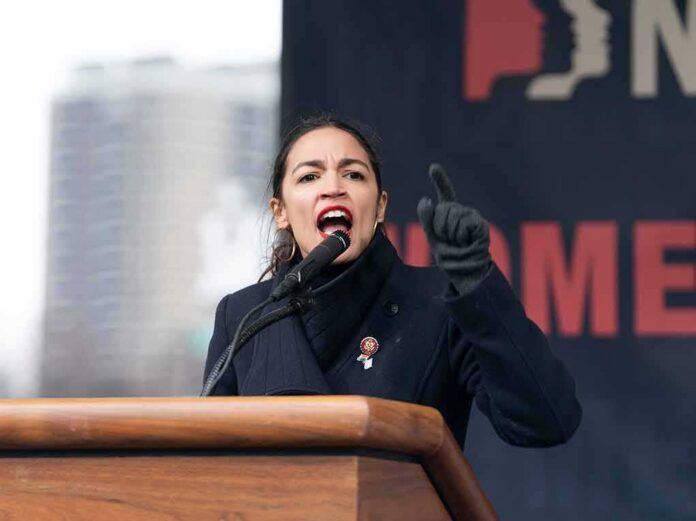 A woman passionately speaking at a podium during a rally