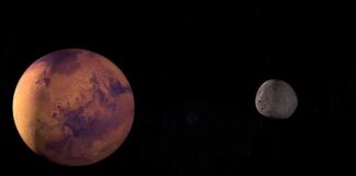 A depiction of Mars and its moon in outer space