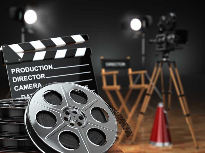 Video,,Movie,,Cinema,Concept.,Retro,Camera,,Reels,,Clapperboard,And,Director Film production equipment including a clapperboard, film reel, and directors chair