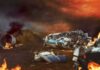 Airport Under Missile Attack, Civilian Dead as Flights Shut Down Burnt airplane wreckage in a fiery landscape
