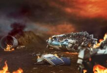 Burnt airplane wreckage in a fiery landscape