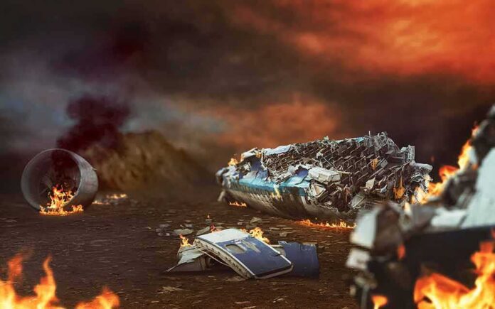 Burnt airplane wreckage in a fiery landscape