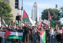 Protesters holding signs and flags in a public square.