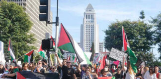 Protesters holding signs and flags in a public square.