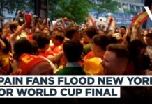 Times Square ERUPTS: Red, Gold, and Roaring Crowds Spain Fans Turn New York Red Ahead Of World Cup Final Clash Against Argentina | VERTEX