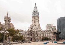 Clockfight Explodes In Congress Philadelphia City Hall with a cloudy sky in the background