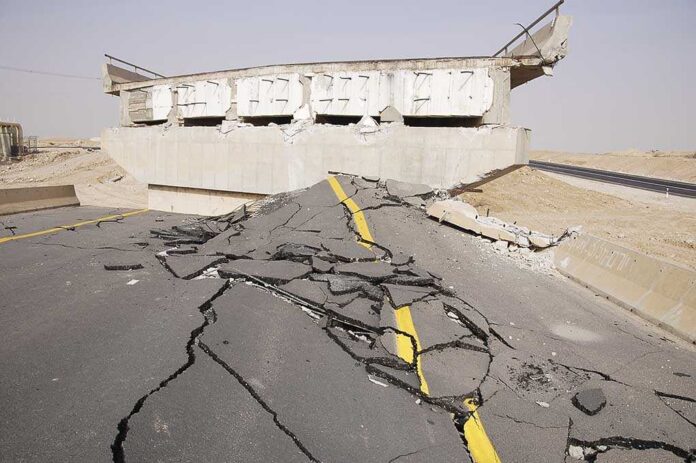 Cracked,Asphalt,After,Earthquake Severely damaged road and collapsed bridge due to earthquake