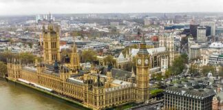 Aerial view of the Houses of Parliament and Big Ben in London, with the Thames River and cityscape