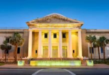 Federal Agent Charged After Brutal Hazing Supreme Court building with illuminated columns at dusk