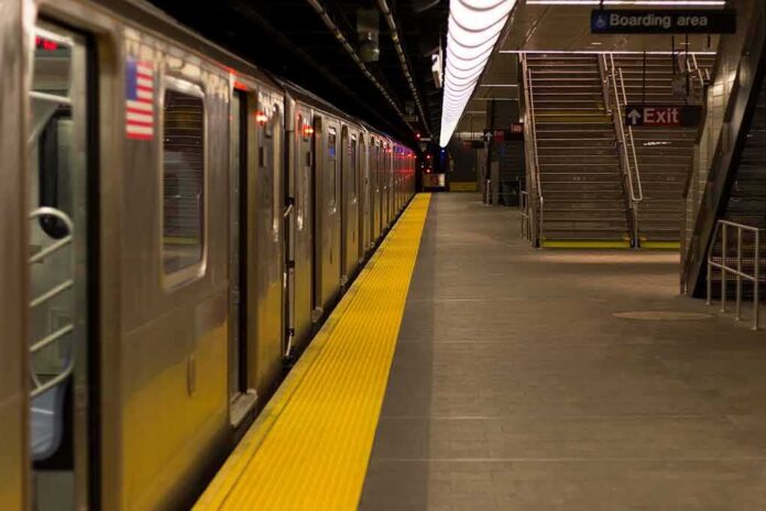 shutterstock_1055366984 Subway train at an empty underground platform