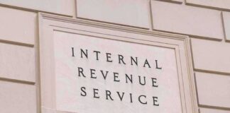 Internal Revenue Service building sign on a stone wall