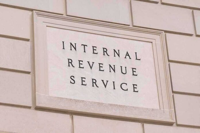Internal Revenue Service building sign on a stone wall