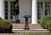 Leak Scandal Hits Secret Service as 3 Officials Go on Leave Podium with presidential seal in a garden colonnade