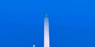 Washington Monument with Lincoln Memorial and Capitol at dusk