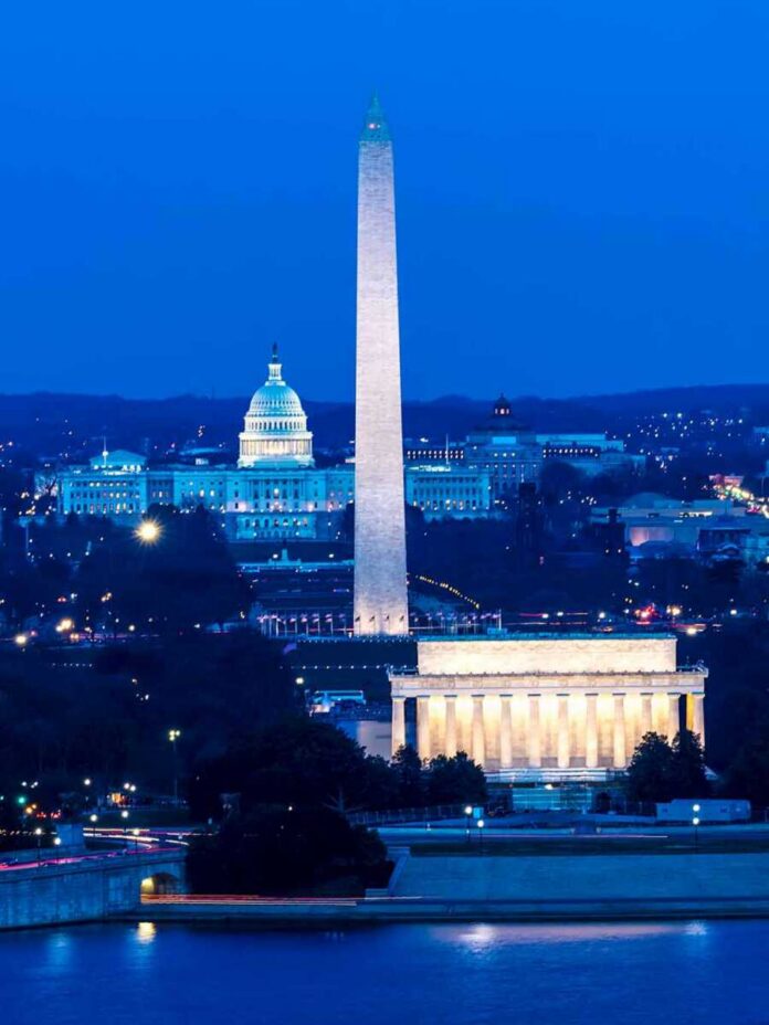 Washington Monument with Lincoln Memorial and Capitol at dusk