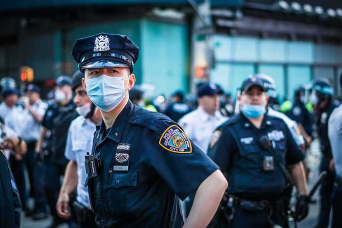 shutterstock_1745798387 Police officer in mask among colleagues at a city street gathering