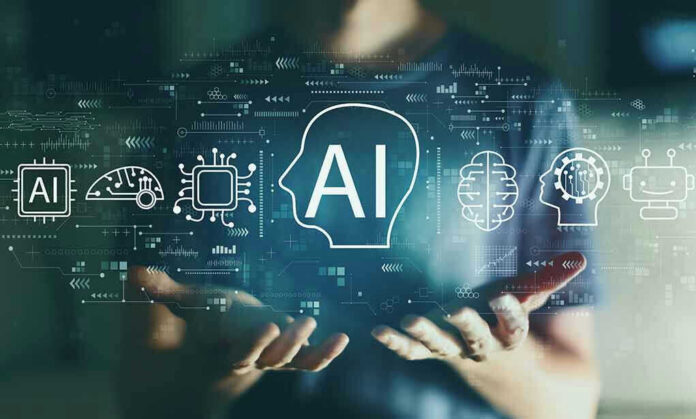 1931158067-1 Person holding virtual icons related to artificial intelligence.