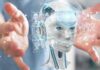 AI Policy Meets Family Business robot head hologram between outstretched hands