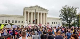 David Givens at a large protest outside a neoclassical courthouse