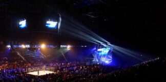WWE Title Changes Hands in Chile Wrestling ring in a packed arena with stage lights