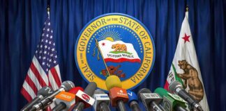 TikTok Hit: Alabama Extracts Nine Figures Press microphones at a podium before California governor seal