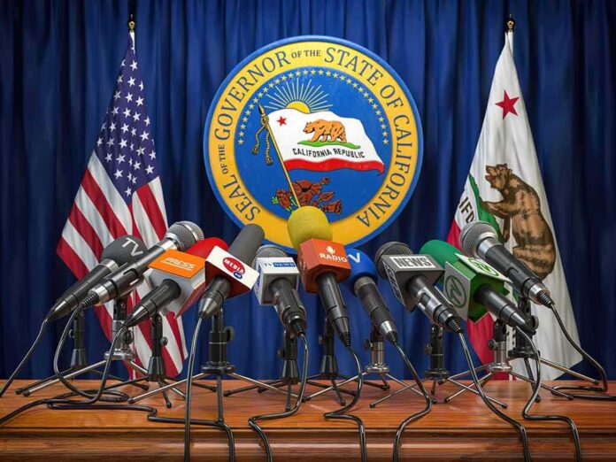 shutterstock_1940783878-1 Press microphones at a podium before California governor seal